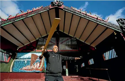  ?? PHOTO: DAVID UNWIN/FAIRFAX NZ ?? Shane Ruwhiu exercises with a taiaha as part of the Ka Mau Te Wehi competitio­n for Maori and Pasifika.