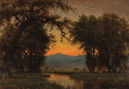 ?? ?? Thomas Worthingto­n Whittredge (1820-1910), Indian Encampment Under Trees, ca. 1870. Oil on board, 187⁄8 x 27½ in., signed lower left: ‘W Whittredge’. Estimate: $350/500,000