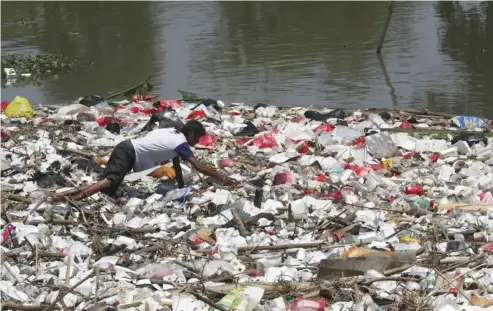  ?? AP Photo/Achmad Ibrahim ?? A scavenger collects plastic materials to sell at recycling plants on the river in Cikarang, West Java, Indonesia.