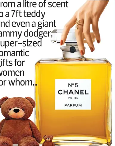  ?? ?? Decadent display: a 900ml bottle of Chanel No 5 and, inset, a 7 ft teddy bear next to a regular-sized one