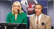  ?? Michael Ainsworth / Associated Press ?? ESPN NBA announcers Doris Burke and Mark Jones before a game between the Pelicans and the Mavericks on March 4.