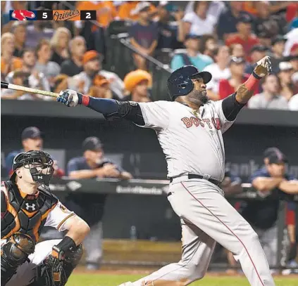  ?? KENNETH K. LAM/BALTIMORE SUN ?? David Ortiz follows through on his three-run home run, which put the Red Sox ahead 5-1 in the seventh inning. The Orioles have not announced whether they will honor the retiring designated hitter, who has 30 career homers at Camden Yards, during the...