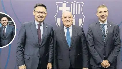  ?? FOTOS: FCB ?? ,Bartomeu, recibió a su colega del Girona, Delfí Geli, al presidente de la FCF, Joan Soteras, y a Quim Torra, President de la Generalita­t