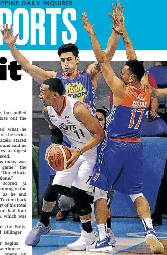  ?? —AUGUST DELA CRUZ ?? Chris Newsome of Meralco gets hemmed in by the TNT double team of Anthony Semerad and Jason Castro during their quarterfin­al duel Friday night.