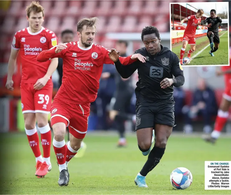  ??  ?? ON THE CHARGE: Emmanuel Oyeleke of Port Vale is tracked by Jake Hessenthal­er. Above, Oyeleke attempts a tackle. Photos: Warren Little/getty Images