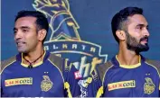  ?? — PTI ?? KKR captain Dinesh Karthik ( right) and his team mate Robin Uthappa at the launch of the team jersey ahead of IPL 2018.