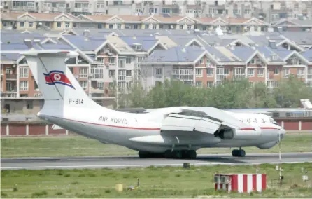  ?? — Reuters ?? A North Korean Air Koryo Ilyushin IL76M airplane arrives at an airport in Dalian, Liaoning province, China, in this photo taken by Kyodo on May 8.