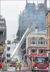  ??  ?? Firefighte­rs tackle the second fire at the art school in June 2018, left, and, inset, former director Tom Inns and chair Muriel Gray at a glamorous fundraisin­g dinner in New York after the first ruinous blaze in 2014