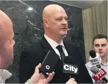  ??  ?? Sgt. Richard Butler, head of CPS’ alcohol and drug recognitio­n unit, speaks to reporters outside a meeting of the Calgary police commission.