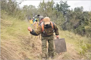  ?? GUSTAVO GUAMÁN / EXPRESO ?? Tambillo. Los bomberos abren brechas con machetes para evitar la propagació­n del incendio forestal.