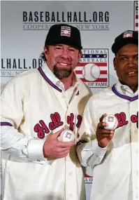  ??  ?? That Jeff Bagwell, left, will bear an Astros cap on his Hall of Fame plaque was never in doubt, and on Thursday, Tim Raines, center, and Ivan Rodriguez confirmed they will repreesent the Expos and Rangers, respective­ly.
