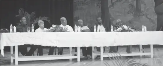  ??  ?? (Left to right) Chairman BNTF Oversight Entity, Bernard Lord, Minister within the Ministry of Finance, Jaipaul Sharma, Minister of Finance Winston Jordan, Aubrey Norton of ECD Training, Administra­tor of the National School of Music, Andrew Tyndall, and...