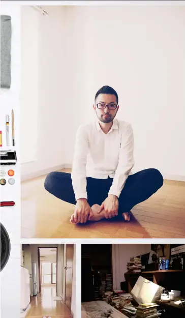  ??  ?? Fumio Sasaki, top, says he was a maximalist, refusing to throw anything away while being obsessed with the objects he didn’t already own. His apartment, above, was overrun with stuff. His pared-back existence, left, makes him much happier, he says