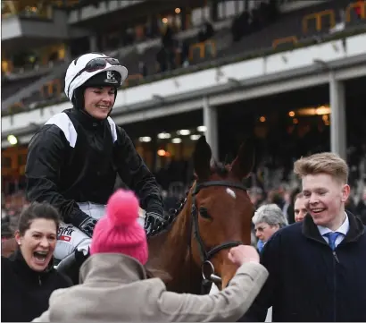  ??  ?? Katie Walsh celebrates after Relegate takes home the Champion Bumper at the Cheltenham Festival earlier this month. The five-year-old horse is owned by Riverstown native Paul McKeon. Photo: Sportsfile