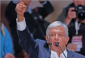  ?? AP PHOTO BY MOISES CASTILLO ?? Presidenti­al candidate Andres Manuel Lopez Obrador delivers his victory speech in Mexico City’s main square, the Zocalo, Sunday, July 1.