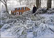  ?? MIKE STEWART / ASSOCIATED PRESS ?? Tom Virgili surveys the damage from broken limbs of pine trees after a heavy snow fall Saturday in Kennesaw, Ga.