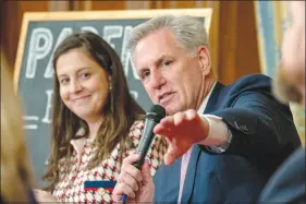  ?? JACQUELYN MARTIN / AP ?? House Speaker Kevin Mccarthy, R-calif., right, speaks about the proposed legislatio­n dubbed the “Parents Bill of Rights,” Wednesday on Capitol Hill. Next to him is Rep. Elise Stefanik, R-N.Y. The House, with Republican votes, passed the bill Friday.