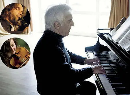  ??  ?? Maestro Vladimir Ashkenazy. Nei tondi, il figlio clarinetti­sta, Dimitri, e la violista norvegese Ada Meinich