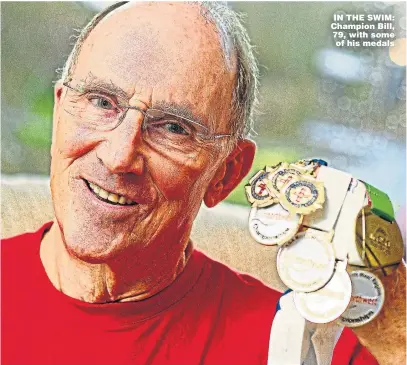  ??  ?? IN THE SWIM: Champion Bill, 79, with some of his medals