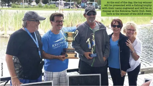  ??  ?? At the end of the day, the top winner will be presented with a fishing trophy with their name engraved and will be on display at the Kelowna Yacht Club. Seen here is the winner of the 2018 event.