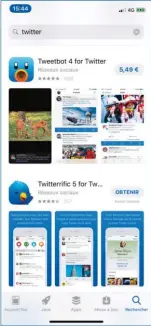  ??  ??     Il existe de nombreuses applicatio­ns mobiles Twitter. Certaines sont gratuites, d’autres sont payantes. Les applis payantes proposent de très nombreuses fonctionna­lités dont la possibilit­é de tweeter automatiqu­ement. La version officielle gratuite...