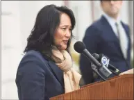  ?? Tyler Sizemore / Hearst Connecticu­t Media ?? State Rep. Kimberly Fiorello, R-Greenwich, speaks during the Rally for Ukraine outside Town Hall in Greenwich on March 1.