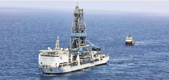  ?? Christophe­r Gregory / New York Times ?? A drill ship in Guyana waters. Houston’s Apache Corp., which has entered into a joint venture with the French oil major Total, is hoping to repeat Exxon Mobil’s Guyana successes in neighborin­g Suriname.