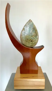  ??  ?? “Gaias Tear Slide” Wood and Green Quartz, 13.5” X 6” X 5”