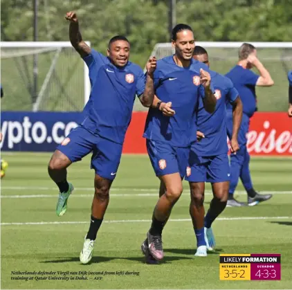  ?? ECUADOR ?? Netherland­s defender Virgil van Dijk (second from left) during training at Qatar University in Doha. — afp
LIKELY FORMATION 3-5-2