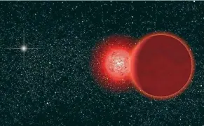  ??  ?? An artist’s conception of Scholz’s star and its brown dwarf companion during its flyby of the solar system 70,000 years ago. The Sun is the small white light in the background.