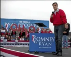  ?? AP Photo ?? Republican presidenti­al candidate, former Massachuse­tts Gov. Mitt Romney speaks during a campaign rally on Tuesday in Vandalia, Ohio.