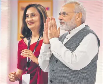  ?? RAJ K RAJ/HT PHOTO ?? Prime Minister Narendra Modi with Shobhana Bhartia, Chairperso­n and Editorial Director, HT Media Ltd, at the 15th Hindustan Times Leadership Summit in New Delhi on Thursday.