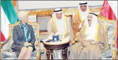  ?? KUNA photo ?? His Highness the Amir received on Wednesday Managing Director of Internatio­nal Monetary Fund (IMF) Christine Lagarde. The meeting was attended by Deputy PM and Finance Minister Anas Al-Saleh, Advisor at the Amiri Diwan Mohammad Daifallah Sharar and...