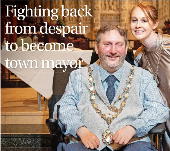  ?? Paul Richards PR4Photos Ltd ?? Mayor of Truro Steven Webb and his mayoress and stepdaught­er Kember
Below right: Steven in hospital in Salisbury in 1991 where he first discovered he might never walk again