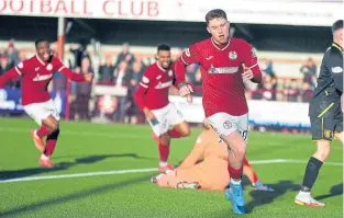  ?? ?? Jamie Barjonas wheels away to celebrate after scoring for Kelty Hearts