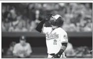  ?? AP/NICK WASS ?? Baltimore Orioles’ Jonathan Villar celebrates his three-run home run during the seventh inning of the team’s game against the Los Angeles Dodgers, Wednesday in Baltimore.