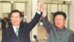  ?? ASSOCIATED PRESS FILE PHOTO ?? Then-North Korean leader Kim Jong Il, right, and then-South Korean President Kim Daejung raise their arms together before signing a joint declaratio­n at the end of the second day of a three-day summit in Pyongyang in 2000. The first inter-Korean summit...