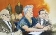  ?? ELIZABETH WILLIAMS VIA AP ?? In this courtroom artist’s sketch, defendant Jeffrey Epstein, center, sits with attorneys Martin Weinberg, left, and Marc Fernich during his arraignmen­t in New York federal court on July 8.
