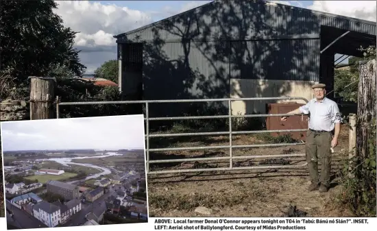  ??  ?? ABOVE: Local farmer Donal O’Connor appears tonight on TG4 in ‘Tabú: Bánú nó Slán?”. INSET, LEFT: Aerial shot of Ballylongf­ord. Courtesy of Midas Production­s