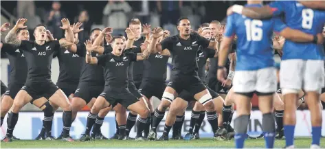  ??  ?? New Zealand’s players perform the haka before the internatio­nal test rugby match against Samoa at Eden Park in Auckland. The All Blacks romped to a 12-try, 78-0 victory against Samoa yesterday, sending a message to the British and Irish Lions of what...