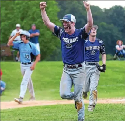  ?? PETE BANNAN — DIGITAL FIRST MEDIA ?? Aston Valley pitcher Danny Guinan celebrates the final out as the Knights won the Intermedia­te EDCO title over Media Thursday evening at Springton Middle School. Guinan pitched a compete game in the 3-1 victory.