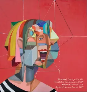  ??  ?? Pictured: George Condo, The Aztec Cosmologis­t, 2009 Below: Pablo Picasso, Buste d’homme Lauré, 1969