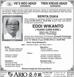  ??  ?? Anak : Saudara : 24 Mei 2018 Cucu : 22:05 WIB.
Selasa 29 Mei 2018 Kami Yang Mengasihi : Istri : Menantu : Saudara Ipar : Beserta Segenap Keluarga Besar
09:00 WIB. Kamis Dalam usia: 79 tahun
Alamat : Probolingg­o Wonoasih-Probolingg­o.