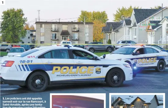  ?? PHOTOS AGENCE QMI, PASCAL GIRARD ET D’ARCHIVES ?? 1. Les policiers ont été appelés samedi soir sur la rue Rancourt, à Saint-Amable, après une tentative de meurtre contre Sébastien Comtois. 2. et 3. En 2016, celui qui était alors président d’un des principaux club-écoles des Hells Angels, les Devils Ghosts, avait été arrêté après une importante opération policière à cette même résidence.