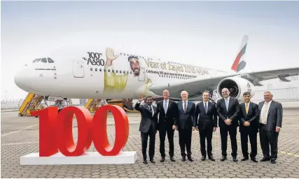  ??  ?? > Sheikhs on a plane... Airbus has celebrated the delivery of its 100th A380 aircraft to the United Arab Emirates-based airline Emirates