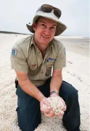  ??  ?? DBCA officer Roger Whitelaw with a handful of Shark Bay cockles at Shell Beach, where the tiny shells are packed 10m deep.