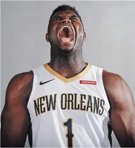  ?? ASSOCIATED PRESS FILE PHOTO ?? New Orleans Pelicans No. 1 draft pick Zion Williamson lets out a fake yell at a photo shoot during their NBA media day in Metairie, La., on Sept. 30.