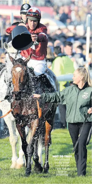 ??  ?? HOT TO TROT Davy Russell pours water over winner Tiger Roll at Aintree yesterday