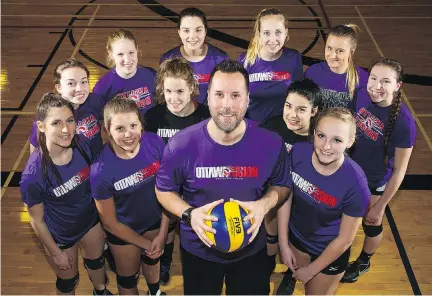  ?? WAYNE CUDDINGTON ?? Ottawa Fusion volleyball coach Jay Mooney and his players, from left, Alexa Sibiga, Elly Cavan, Sara Jetten, Elly van Baaren, Teia Dewhirst, Grace Crooks, Marika Wildeboer, Caitlin Hauser, Diliana Antonov, Rebecca Illingwort­h and Regan Hachey.