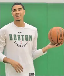  ?? STAFF PHOTO BY CHRIS CHRISTO ?? NO SWEAT: Rookie Jayson Tatum stays loose during yesterday’s practice.